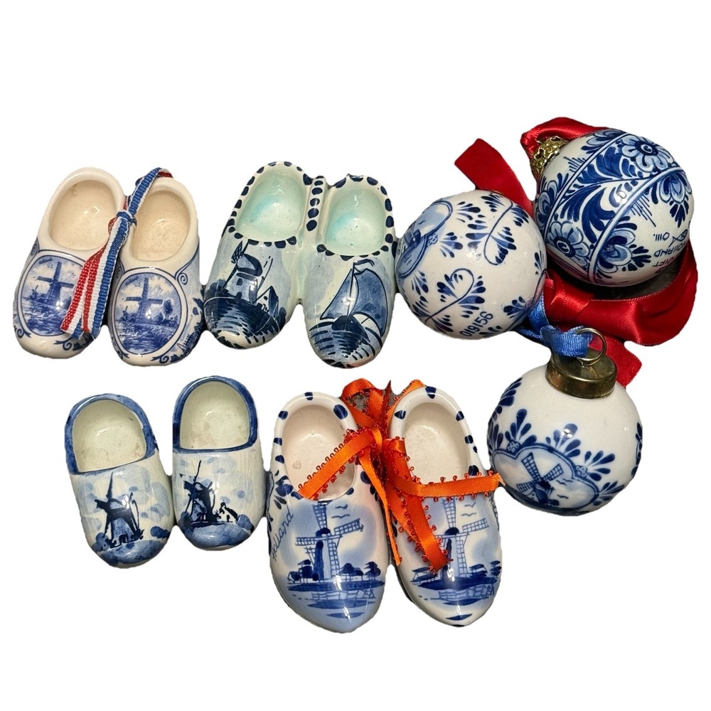 Delft Blue Mini Clog Shoes & Ornaments Lot Holland Windmill Ceramic Set